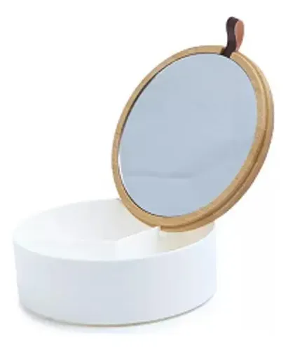 Organizador Redondo para Maquillaje de Bambú con 3 Compartimentos y Espejo