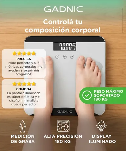 Balanza Digital Gadnic G13 Pantalla LCD Medidor Integral Análisis Grasa Agua Masa hasta 180 kg Alarmas Recordatorios