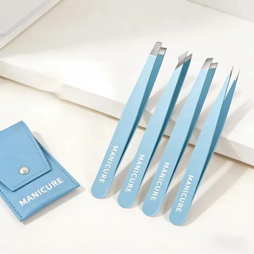 Juego De 4 Pinzas Para Cejas Con Estuche, Azul