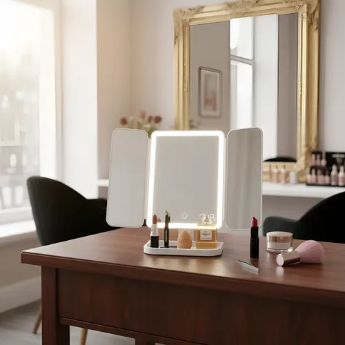 Espejo Maquillaje Led Tríptico Plegable Recargable Usb Touch