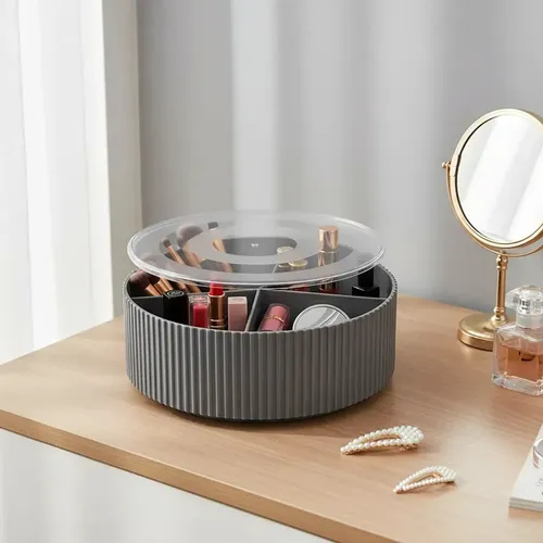 Organizador Maquillaje 3 Divisiones Diseño Rayado Con Tapa Organización Brochas Labiales Gris Craco