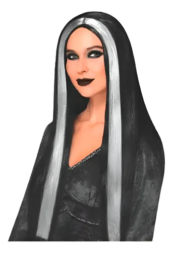 Peluca Bruja Cotillon Halloween Lacia Negra Bicolor Morticia