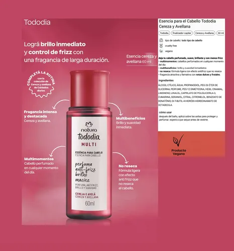 Esencia Para Cabello Cereza Y Avellana Tododia Natura Vegano