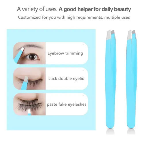 Set 4 Pinzas Acero Profesional Azul Cejas Vello Facial