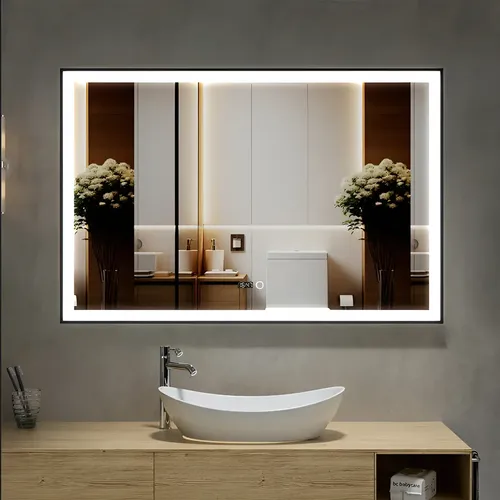 Espejo Rectangular Luz Led Reloj 120x80cm Marco Negro