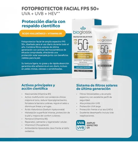 Bioglosse Protector Solar Facial Fps50+ Efecto Seco