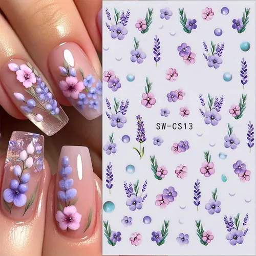 Pegatinas De Uñas Wenewfine 3d Con Forma De Flor Rosa Y Púrp