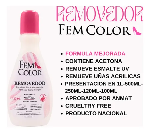 Removedor Acetona Uñas Acrilicas Esmalte Uv Femcolor 120 Ml