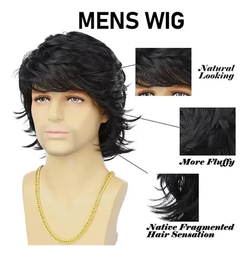 Peluca Natural Para Hombres Cabello Negro Corto Y Con Capas