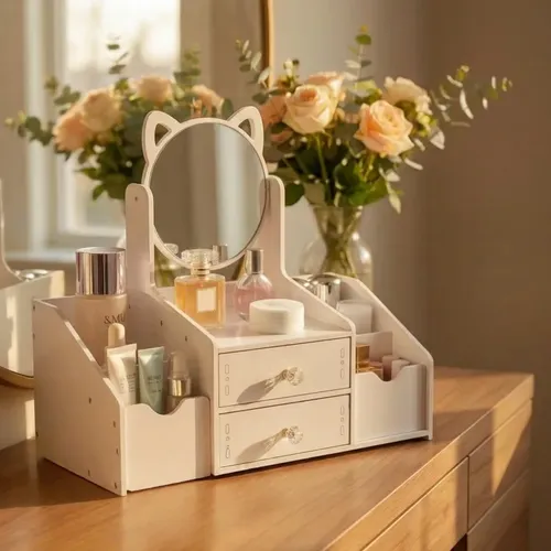Caja De Almacenamiento De Cosméticos Con Espejo Con Cabeza D