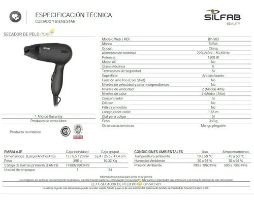 Secador De Pelo Para Viaje Silfab By-503 1200w