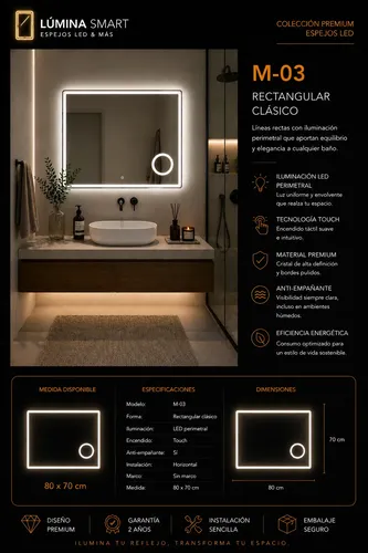 Espejo Digital Led Rectangular 80×70 Sin Marco Esmerilado