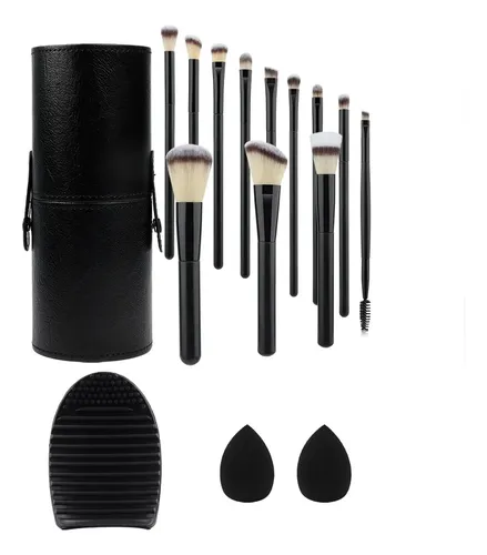 Set De 12 Brochas De Maquillaje Con Cubeta, Esponja Y Polvos
