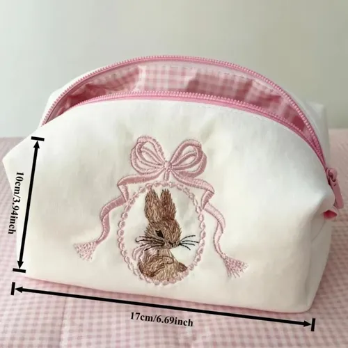 Bolsa De Cosméticos Grande Con Cierre Rosa Bordado Con Diseñ Rosa Embroidered Bunny Motif