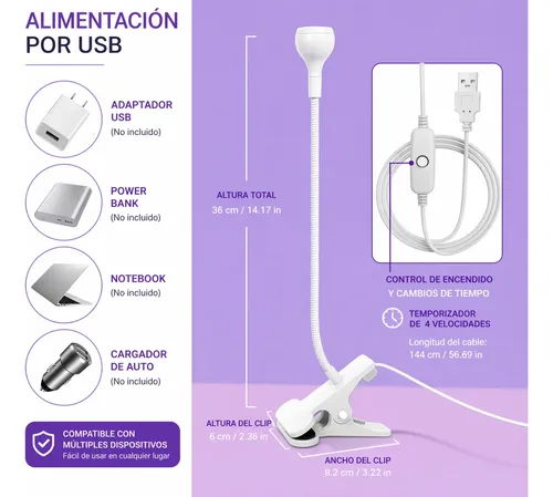 Lampara Uv Led Uñas Clip Ajustable Secado Rapido