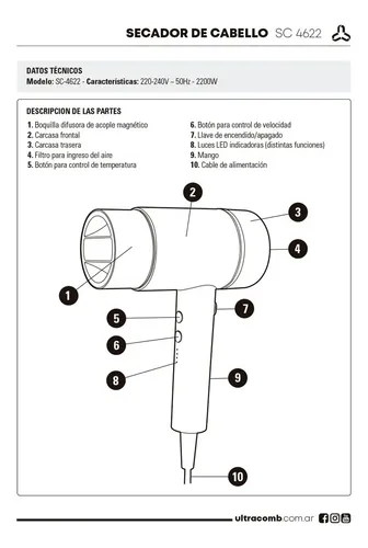 Secador De Cabello Ultracomb 2200w Sc-4622 Cool Shot Termociclado 2 Temperaturas
