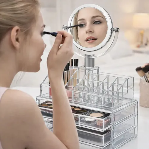 Organizador Acrilico Make Up Con Cajones + Espejo, Grande Transparente