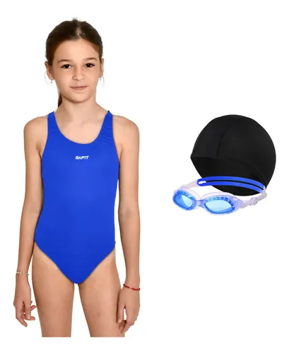 Combo Natacion Malla Nena + Gorro Tela + Antiparras Safit