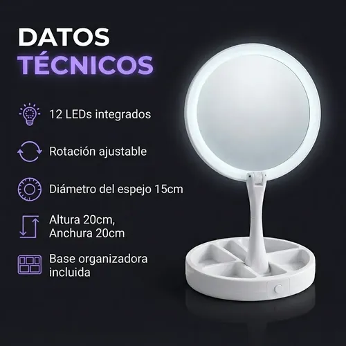 Espejo Redondo Con Luz Led Aumento 10x Plegable Portátil Daikon