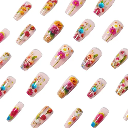24pcs Mid-length Clear Floral Press-on Nails