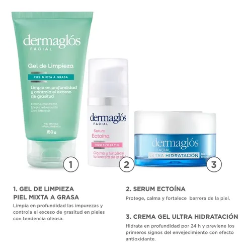 Set Dermaglos Gel Piel Grasa Serum Ectoina Ultra Hidratante