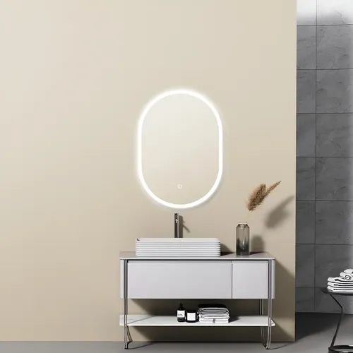 Espejo Oval Led Táctil 70×50 Cm Linea Moderna Luz Fria Marco Vidrio Esmerilado