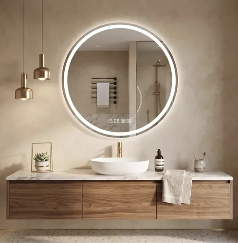 Espejo Luz Led Circular 60cm Digital Con Reloj, Temperatura, 3 Luces Y Desempañador Casa Hadid
