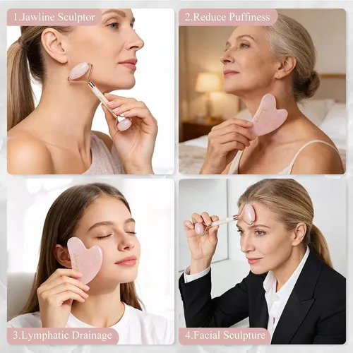 Set Gua Sha Verde Y Rodillo Cuarzo Rosa Antichoque
