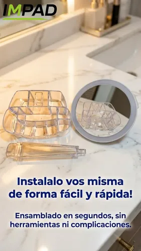 Espejo Redondo Maquillaje Led Táctil Con Organizador Impad