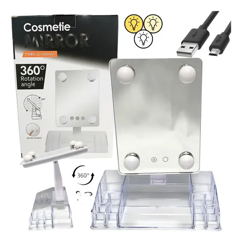 Espejo Maquillaje Led 4 Focos Luz Giratorio 360° Organizador