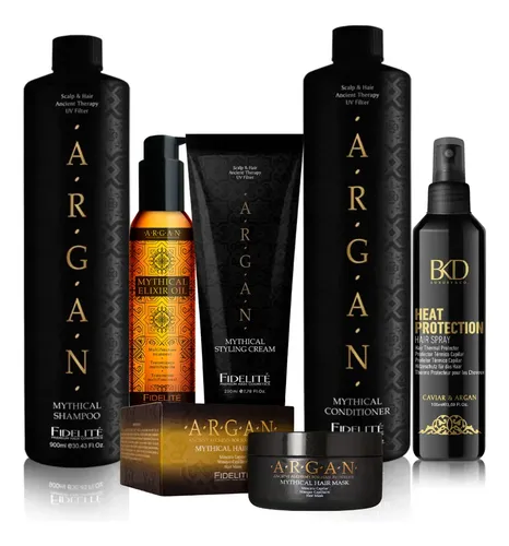 Kit Mythical Argan Fidelite Shampoo + Acondicionador + Mascara Capilar + Oleo Serum Extraordinario Elixir + Protector Termico BKD + Crema Peinar Anti Frizz Nutricion Intensa Pelo Tratamiento full