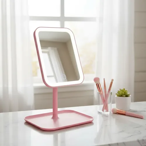Espejo De Maquillaje Led 3 Tonos Táctil Con Base Rosa