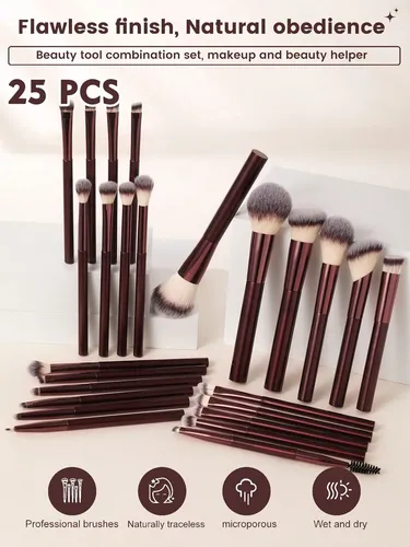 Set De Brochas Y Esponjas De Maquillaje Profesional Wine Red