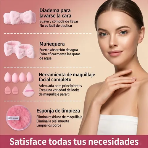Set Esponjas Maquillaje Y Skincare 20 Pzas Con Diadema