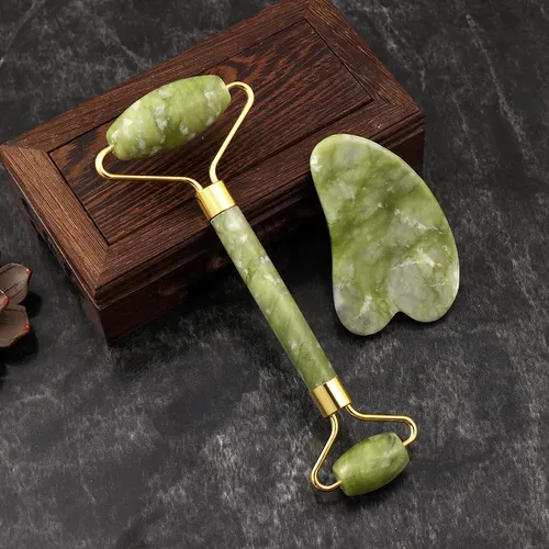 Set De Rodillo De Jade Y Piedra Gua Sha Para Rostro, Ojos, C