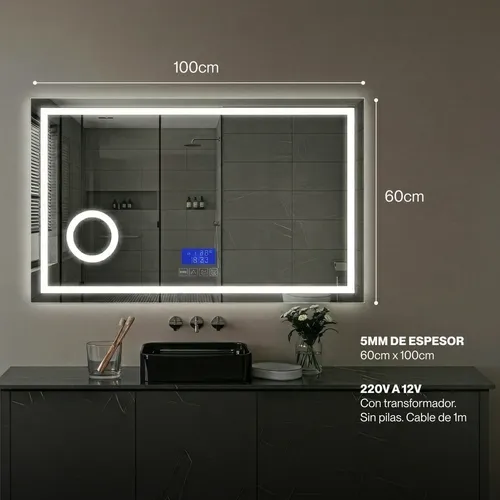 Espejo Bluetooth Luzled Desempañador Baño Rectangular 60×100