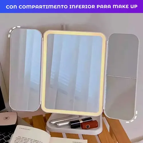Espejo Triple Con Luz Led Usb Maquillaje Triptico Makeup