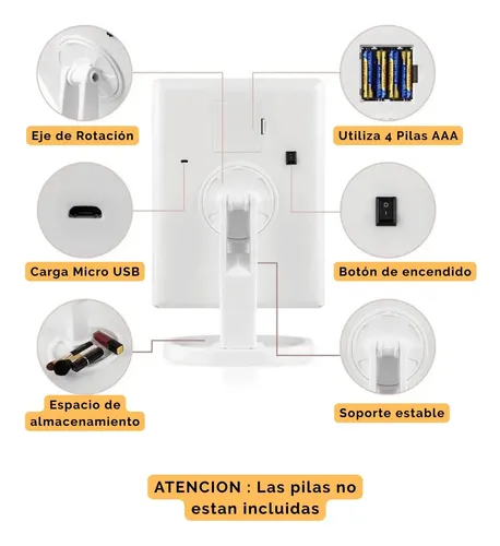 Espejo Maquillaje Pantalla Táctil Luz Led Giratorio Aumentos