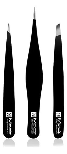Set 3 Pinzas Negras Acero Precisión Para Cejas Y Vello