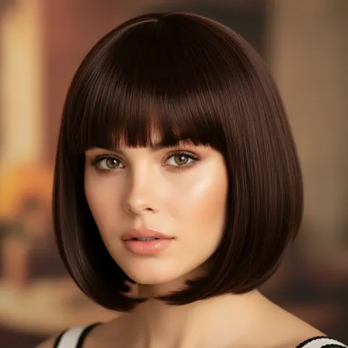 Peluca Corta Bob Simil Natural Castaño Flequillo Oncológica