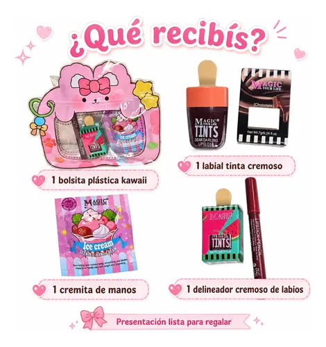 Set Labial Tinta Helado Delineador Crema Manos Bolsa Regalo