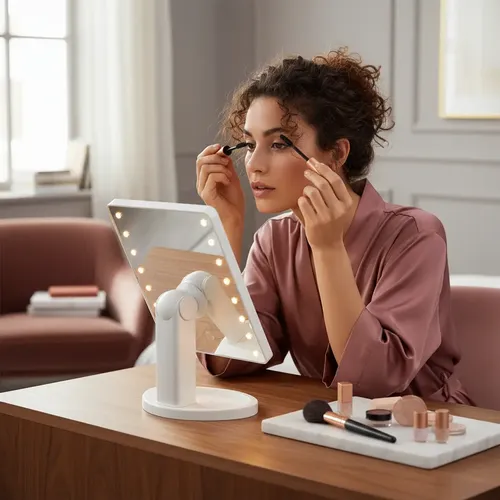 Espejo De Maquillaje Rectangular Con Luz Led Marco Blanco
