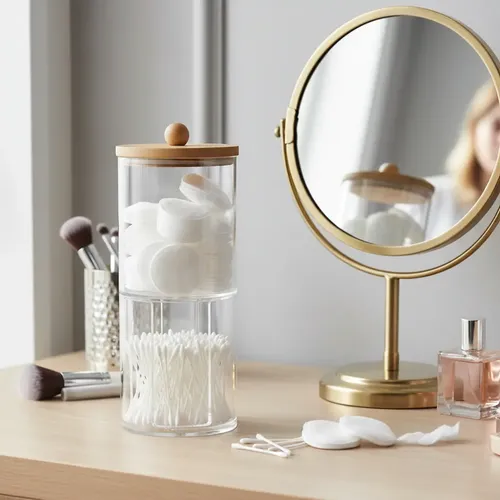 Organizador Cosméticos Doble Piso Acrílico Tapa Bambú 17x7cm