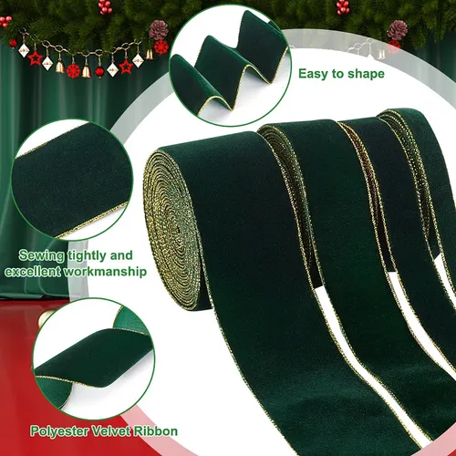 Cinta De Terciopelo De Poliéster De Una Sola Cara De 12 M, 4 Verde Azulado Solid With Metallic Gold Edge