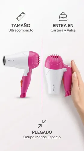 Secador Cabello Pelo Plegable Portatil 800w 2 Velocidades Frio Calor Rosa Viaje Cabina Hotel Hombre Mujer Cartera Bolso Mini Premium Liviano Comodo Resistente Profesional Familia Hogar Pocket