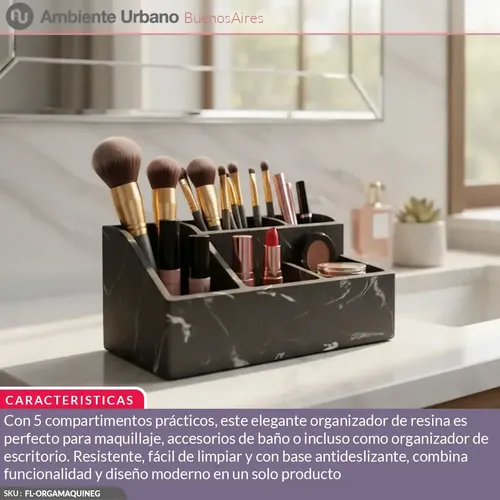 Organizador De Maquillaje Simil Marmol Negro 23 X 13 Cm Negro