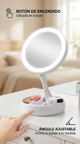 Espejo De Maquillaje Redondo Plegable Aitech Usb Pila Blanco Redondo Recargable Portatil Rotacion Ajustable Tactil Luz Fria Calida Tocador Viaje Profesional Base Estable