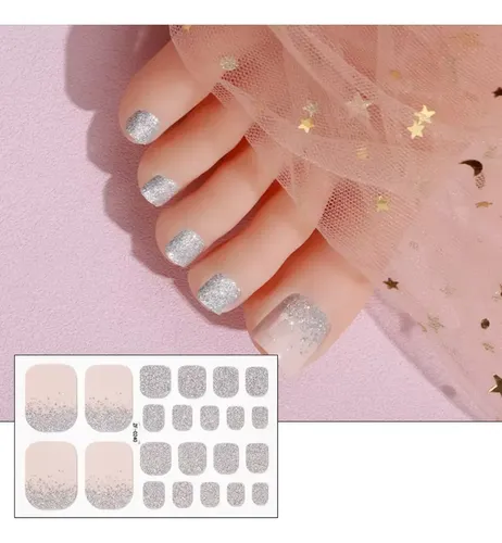 Tiras De Uñas Gel Para Pies Autoadhesivas 22u – No Necesita Lampara UV – Nude Silver Glitter