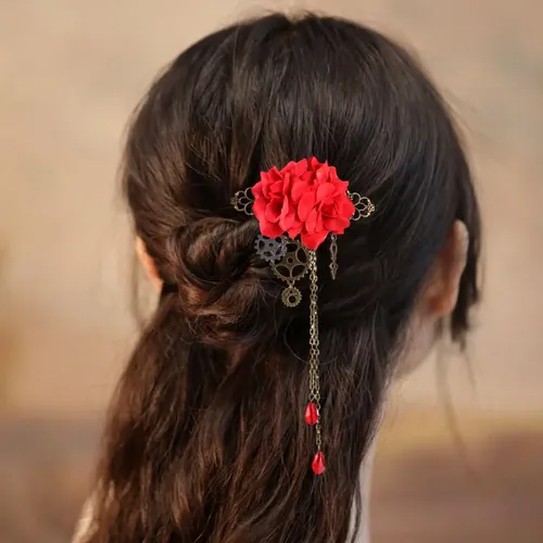 Clip Floral Steampunk Lolita Gear Rose Para El Cabello Rojo
