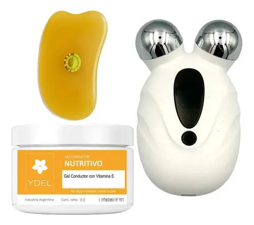 Kit Facial y Corporal YDEL con Masajeador de Microcorriente, Gel Nutritivo y Gua Sha Blanco